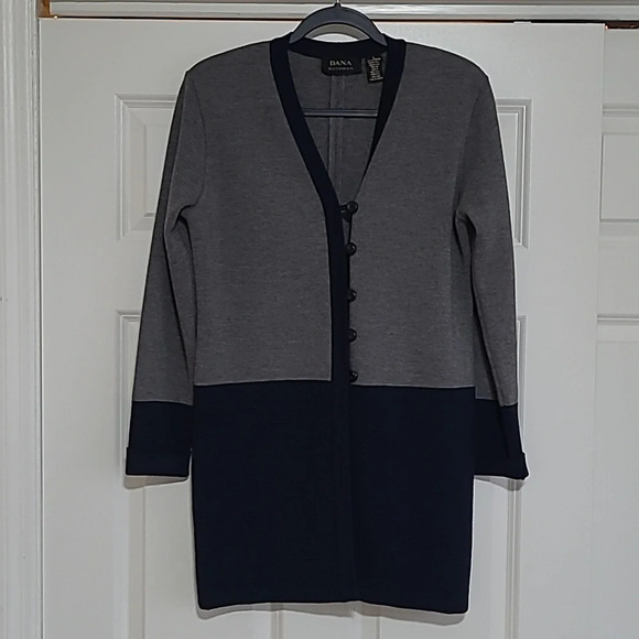 Vintage Sweaters - Vintage Dana Buchman Extra Fine Merino Wool Grey & Navy Long Cardigan - Size Sm